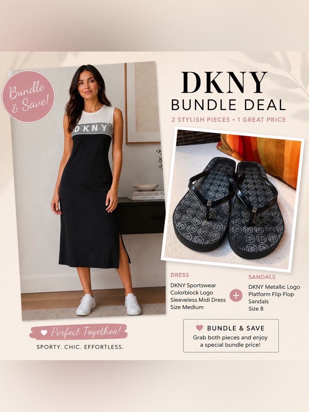 DNKY Bundle Deal Colour block Maxi Dress size M Platform Logo Flip Flops size 8